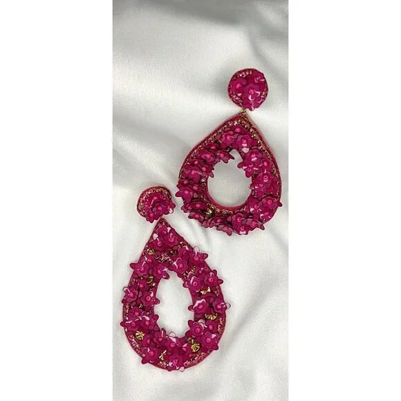 Deepa Gurnani Antropologie Earrings Sequin Beaded Floral Dangle Teardrop Fuschia - Picture 11 of 11